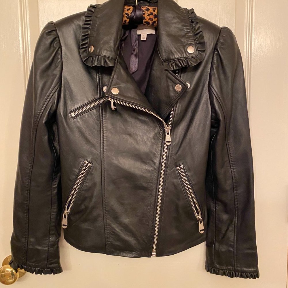 Cinq A Sept Eloise Moto Biker Leather Jacket Ruffled Trim SZ S - Picture 10 of 10